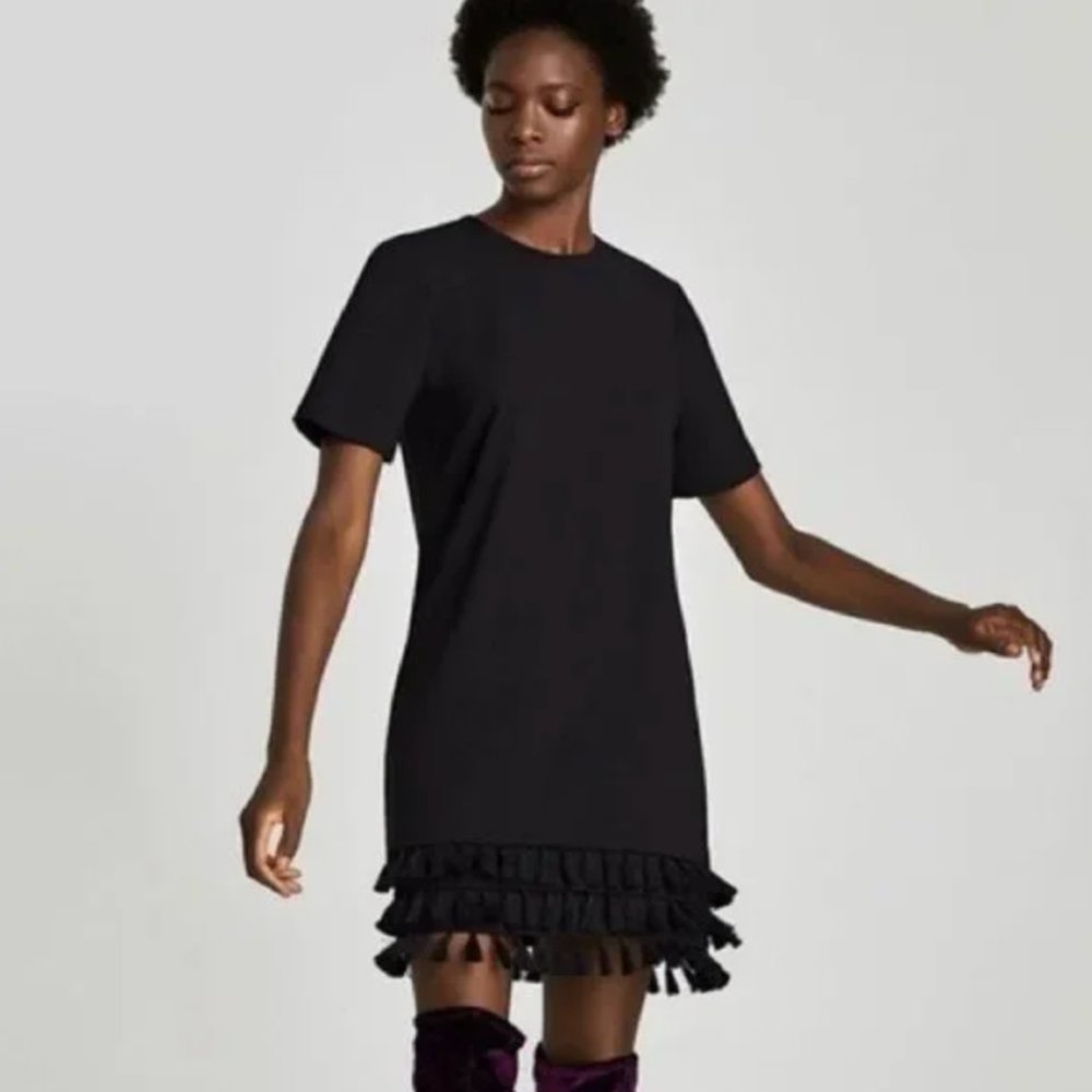 Zara Shift Dress with Pom Pom Hem